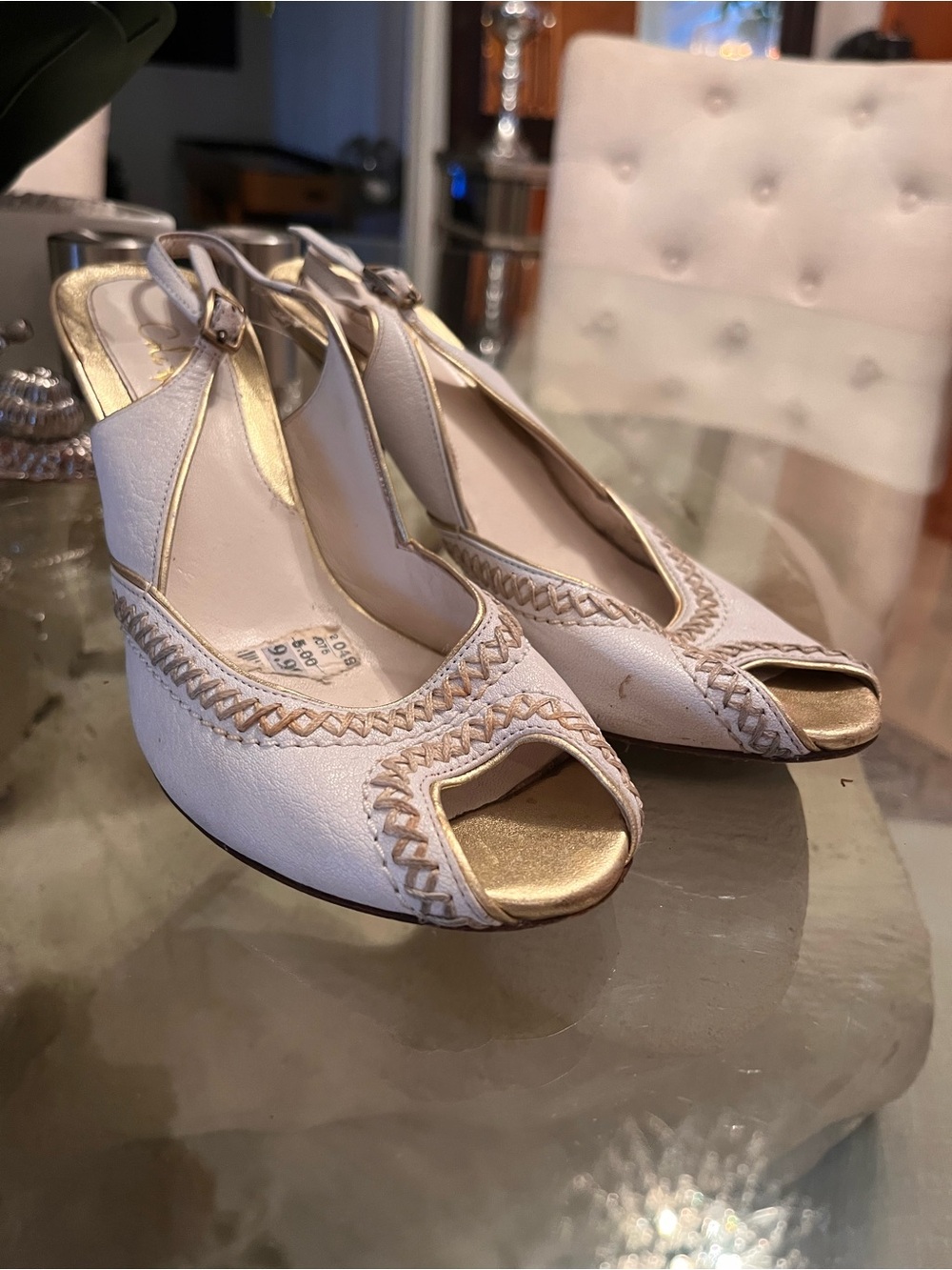Cole Haan White and Gold Peep-Toe Slingback Heels